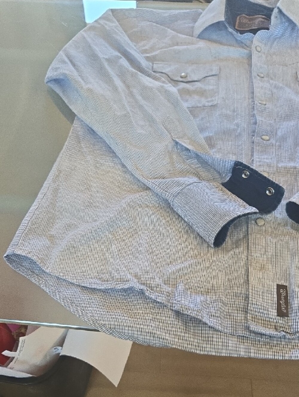 Wrangler Light Blue Check Button-Down Shirt with Dark Blue Accents - Picture 3 of 15